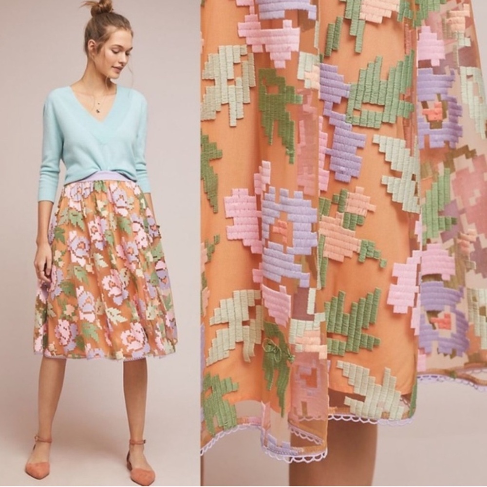 Anthropologie Floral Patchwork Midi Skirt - Orange and Pink